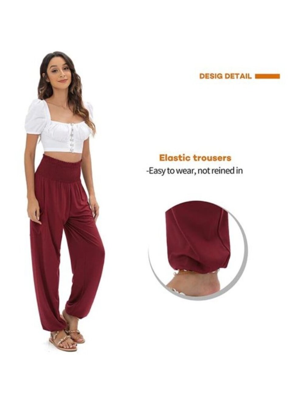 Women's Harem Pants, High Waist Yoga Boho Trousers with Pockets, Red Wine - Picture 3 of 5